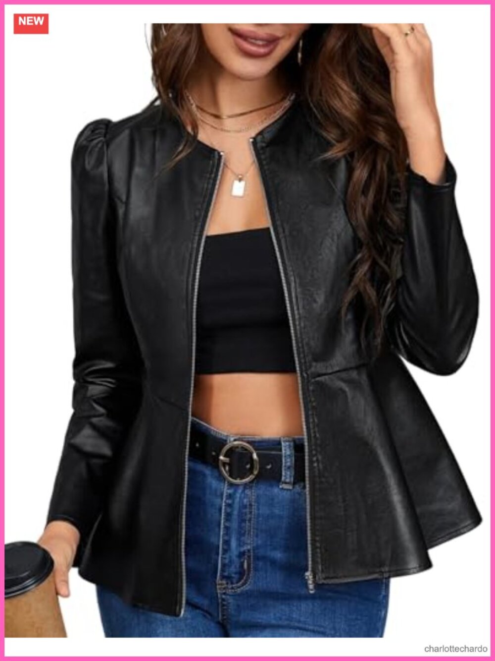 Faux Leather Jacket Zip Up Puff Sleeve Peplum Crop Coat Long Sleeve